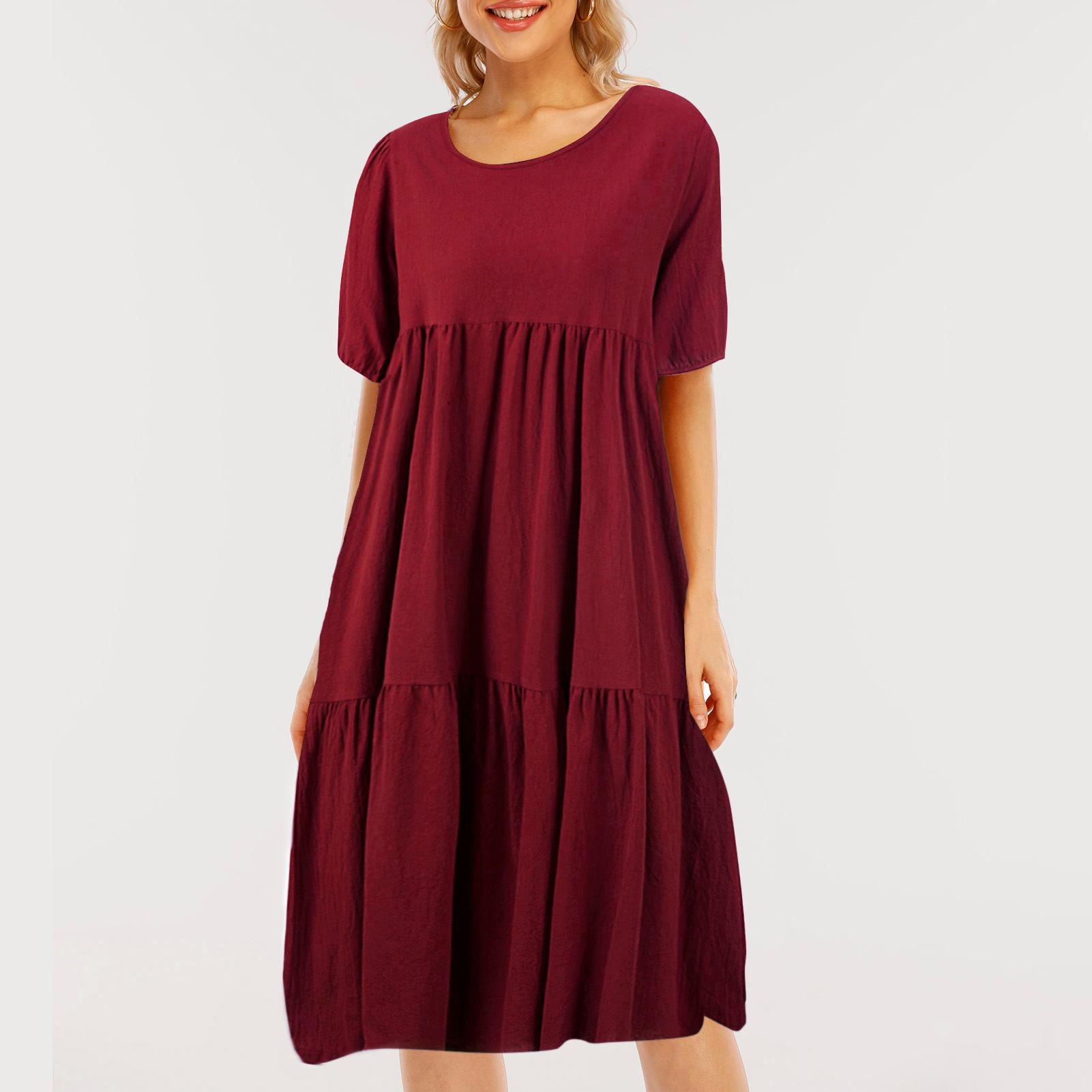 Fashion Women Solid Color Dress O Neck Short Sleeve Plus Size Loose Casual Summer Beach Sundress