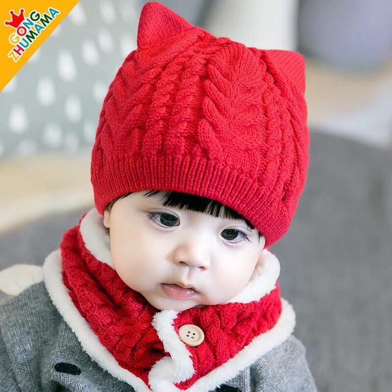 Set mũ len kèm khăn hai cúc cài cực xinh cho bé
