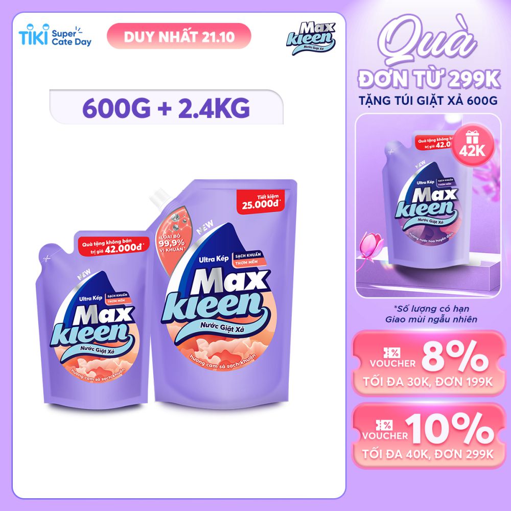 Combo Nước giặt xả Maxkleen Hương Cam sả: 1 Túi 2.4kg + 1 Túi 600g