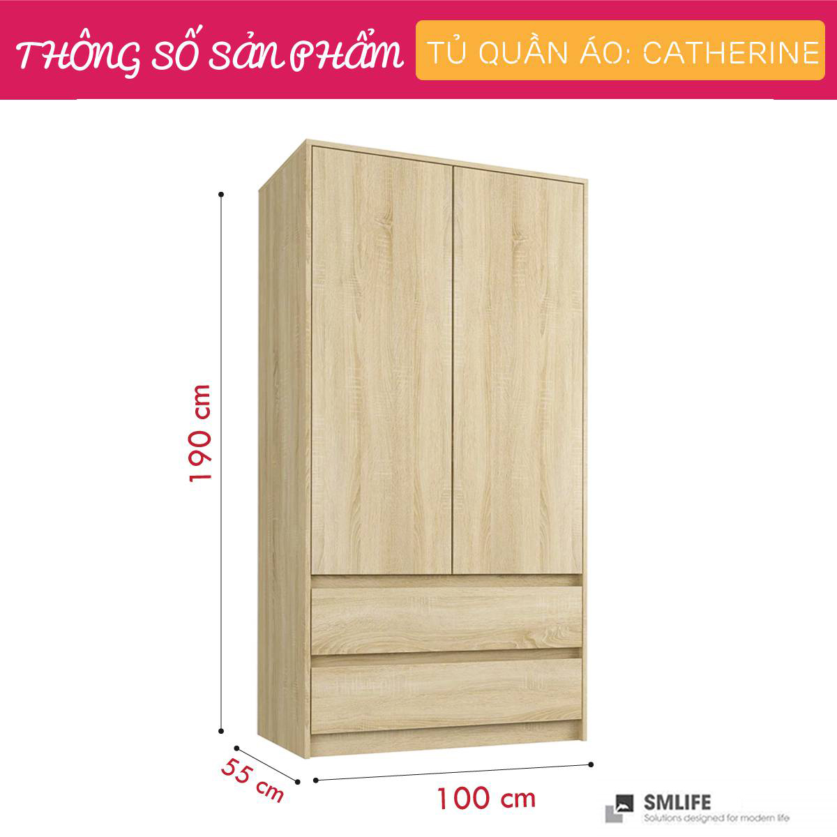 Tủ quần áo gỗ hiện đại SMLIFE Catherine | Gỗ MDF dày 17mm chống ẩm | D100xR55xC190cm