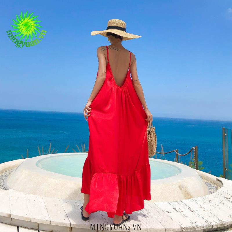 New beach dress red backless dress long skirt