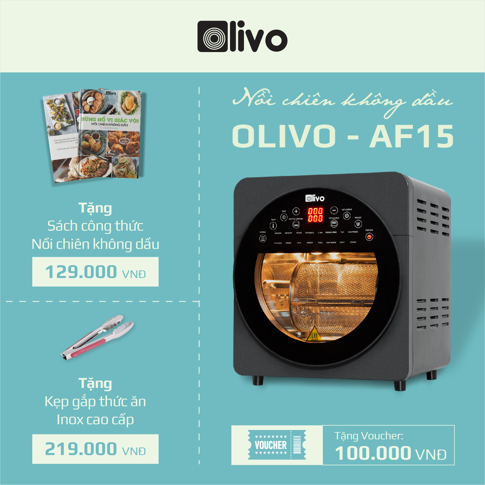 Nồi Chiên Không Dầu OLIVO AF15 [Hàng Chính Hãng] 16 Chức Năng - Dung Tích 15L - Công Suất 2000W - Thương Hiệu Mỹ