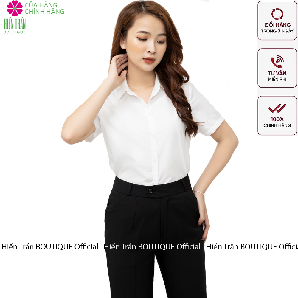 Áo sơ mi nữ Hiền Trần BOUTIQU tay ngắn form suông màu trắng xanh sơmi cộc thời trang công sở