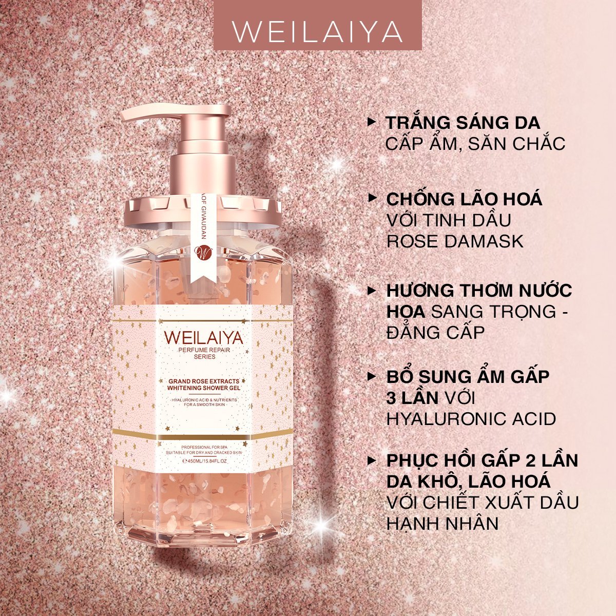 Combo 2 chai sữa tắm trắng da cánh hoa hồng Damask Weilaiya Grand Rose Extracts Whitening Shower Gel 450ml