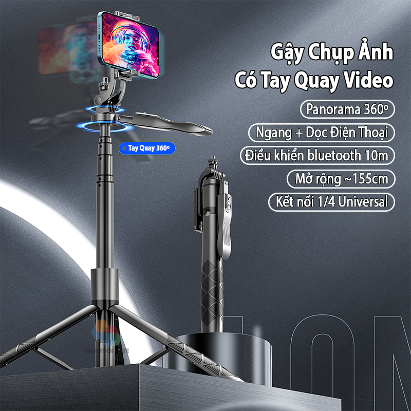 Gậy Chụp Hình HIGH TECH GATE LONG16 Có Tay Quay Video Xoay 360º Quay Chụp Selfie Toàn Cảnh, Mở Rộng Dài 155cm, Thu Gọn Cầm Tay Du Lịch 33cm, Hỗ Trợ Livestream, Quay Tiktok, Chụp Ảnh Tự Sướng, Tích Hợp Điều Khiển Bluetooth Cầm Tay, Hàng Chính Hãng