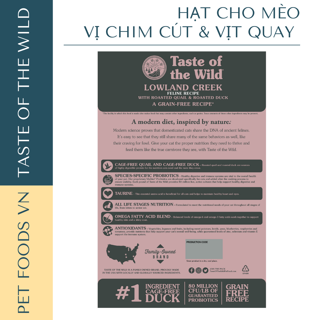 Hạt cho mèo TASTE OF THE WILD Lowland Creek vị Chim Cút và Vịt Quay