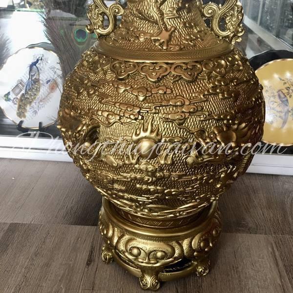 Bình hoa lớn DẠ CỔ màu đồng cao 52 cm lông công,hoa