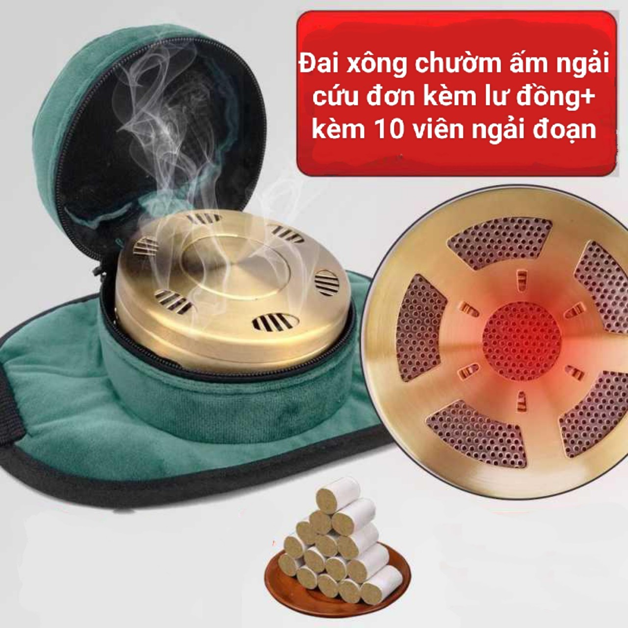 Đai chườm xông ngải cứu kèm lư đồng, túi ủ cứu ngải làm ấm tiện lợi,giảm đau nhức mỏi hiệu quả