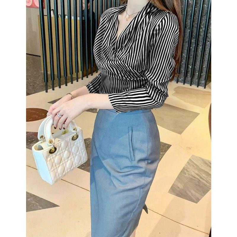 Set Áo Sơ Mi Kẻ Sọc Mix Chân Váy Bút Chì Cao Cấp
