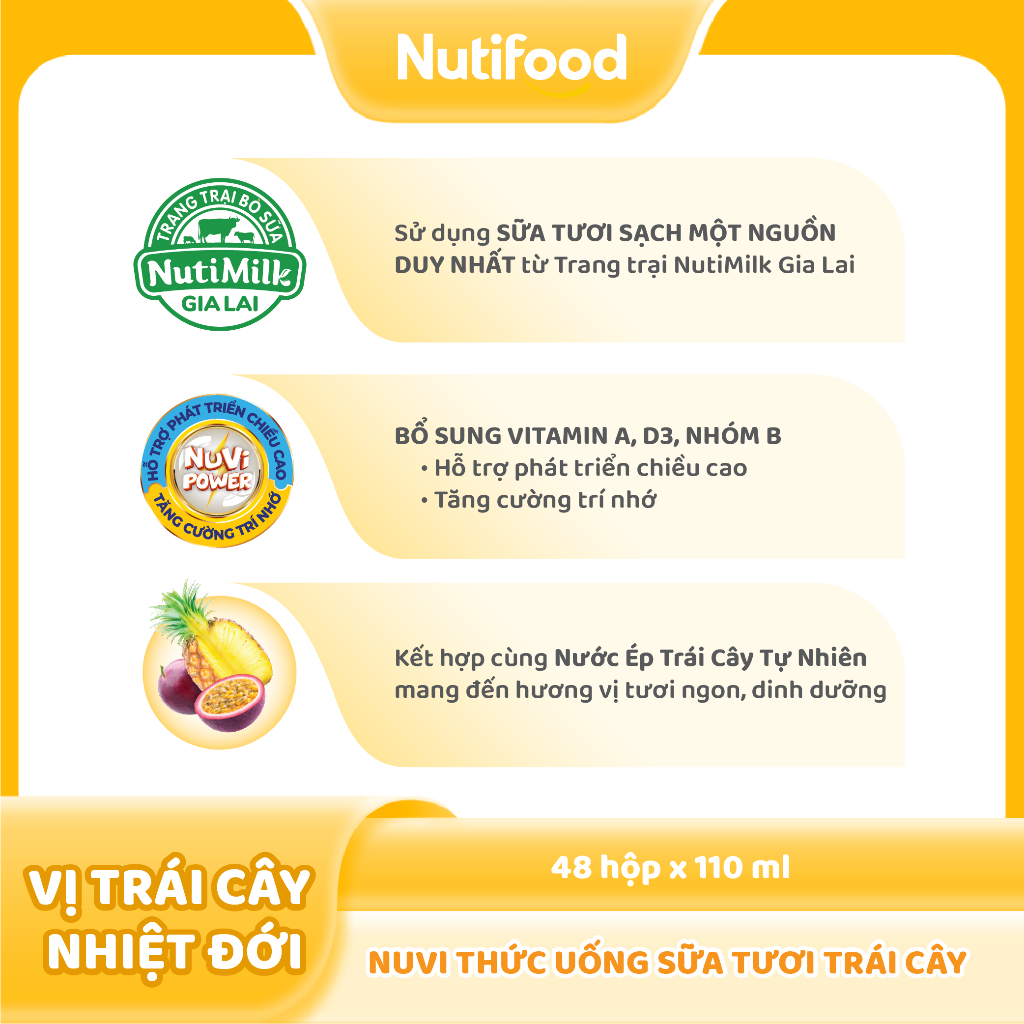 Thùng 48 hộp Thức Uống Sữa Tươi Trái Cây Tươi Nuvi Vị Nhiệt đới 110ml - Tăng Cường Chiều Cao, Phát Triển Trí Não