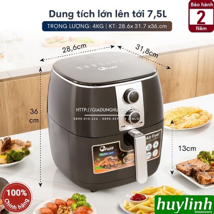 Nồi chiên không dầu Fujie AF7 - Dung tích 7.5 lít - Công suất 1700W - Núm vặn cơ - Hàng chính hãng