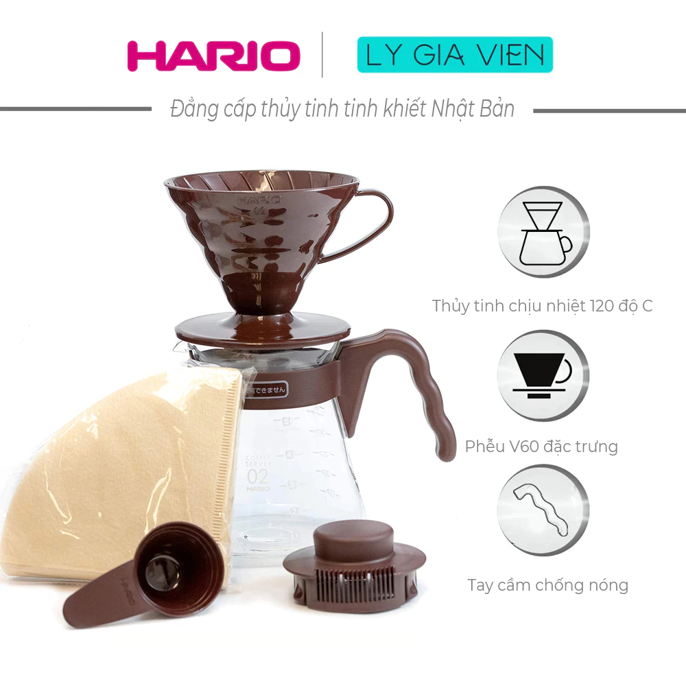 Set Bình Pha Cà Phê Drip Hario V60 Coffee Server 02 Set - 2Cup - Nâu