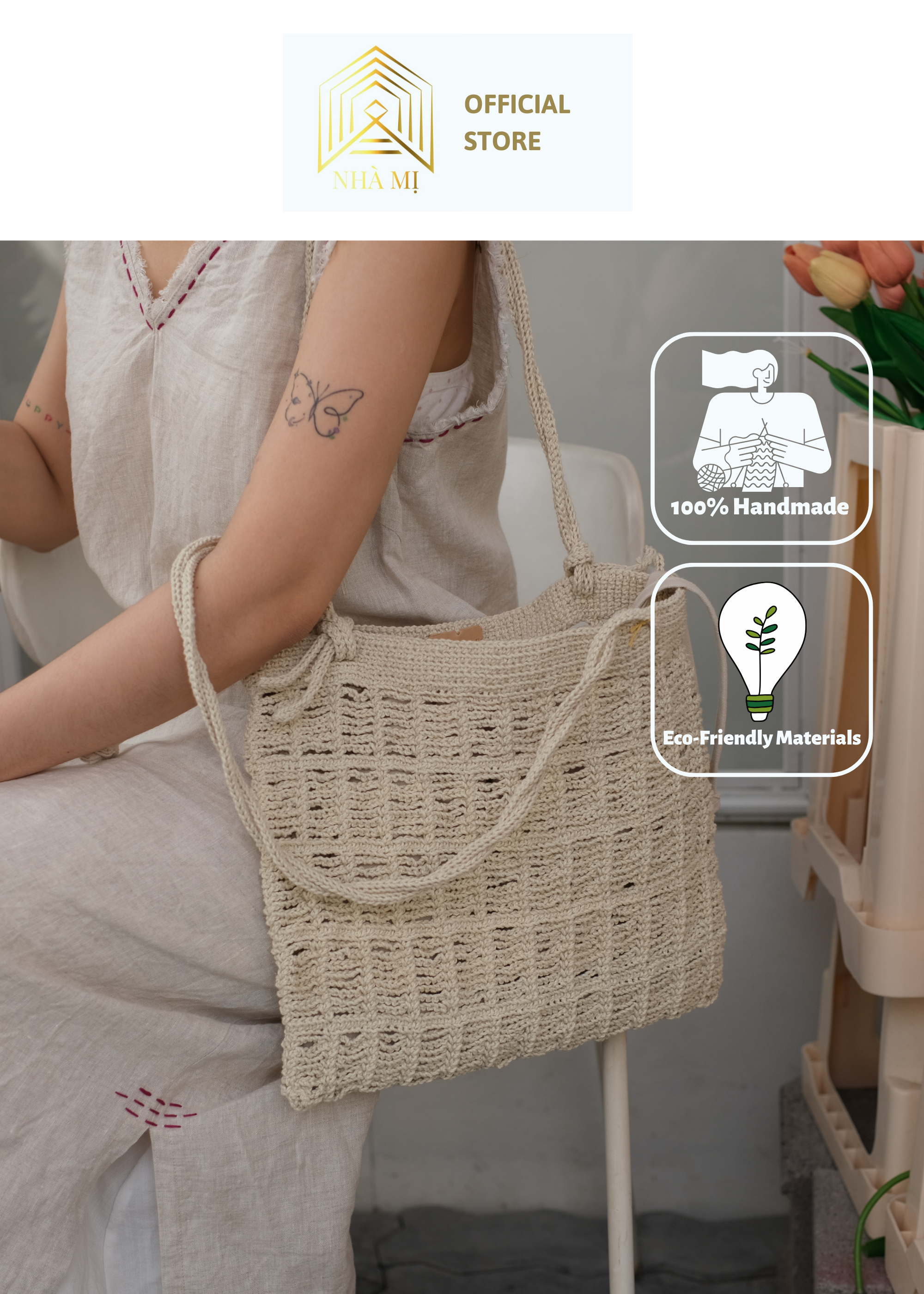 TÚI LEN ĐAN MÓC THỦ CÔNG NET BAG 6 BÍNH MÀU BE - NHÀ MỊ