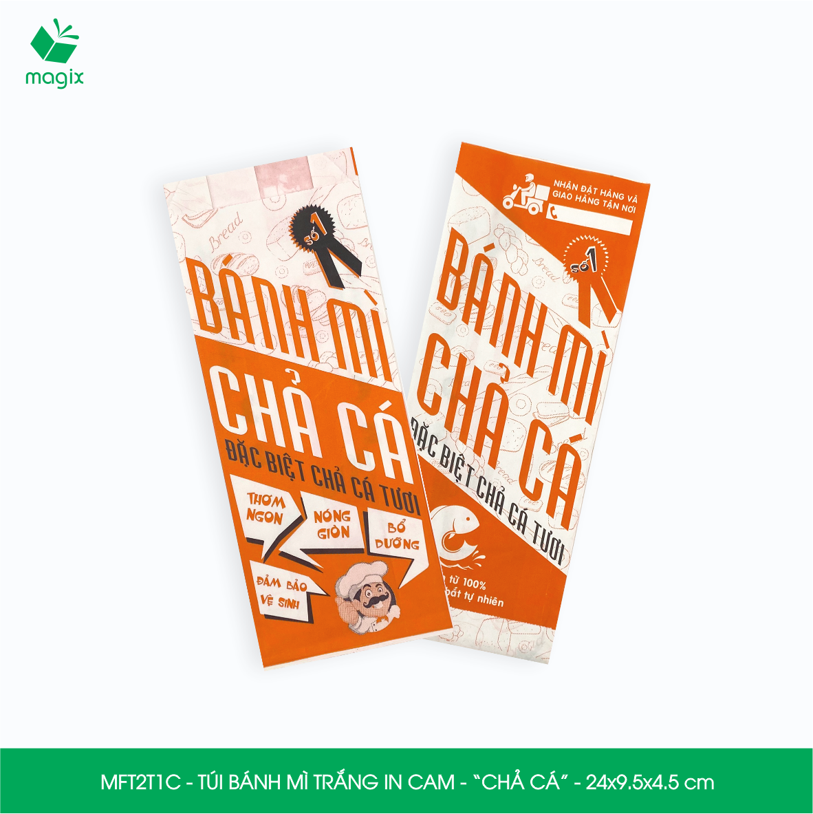 MFT2T1C - 24x9.5x4.5 cm - 100 túi giấy đựng bánh mì chả cá, túi đựng thức ăn mang đi, túi take away