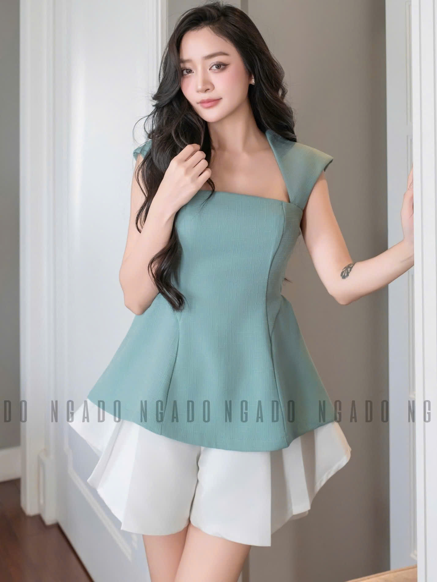 Áo xanh mint chiết eo NGADO , áo kiểu , áo chiết eo