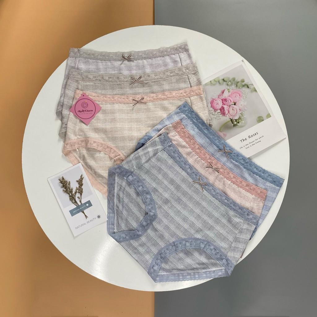 Quần lót cotton co giãn viền ren kẻ ngang đính nơ mềm mịn thoáng mát