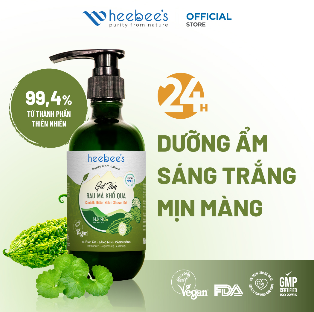 Gel Tắm Rau Má Khổ Qua Rừng Thuần Chay Heebee's Giảm Rôm Sẩy, Dưỡng Ẩm, Da Sáng Mịn Màng 300/500ML