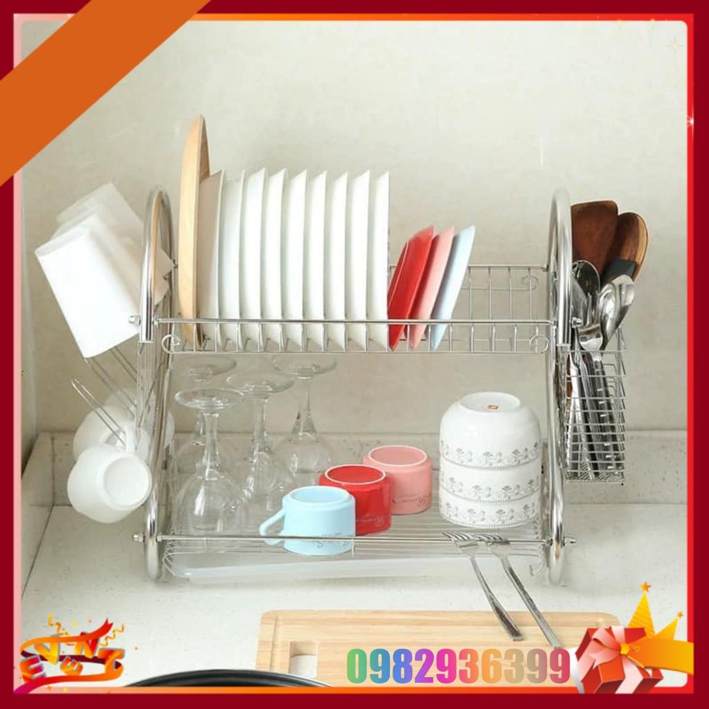 Giá Úp Bát Đĩa Inox 2 Tầng Cao Cấp Có Khay Hứng Nước Tiện Lợi