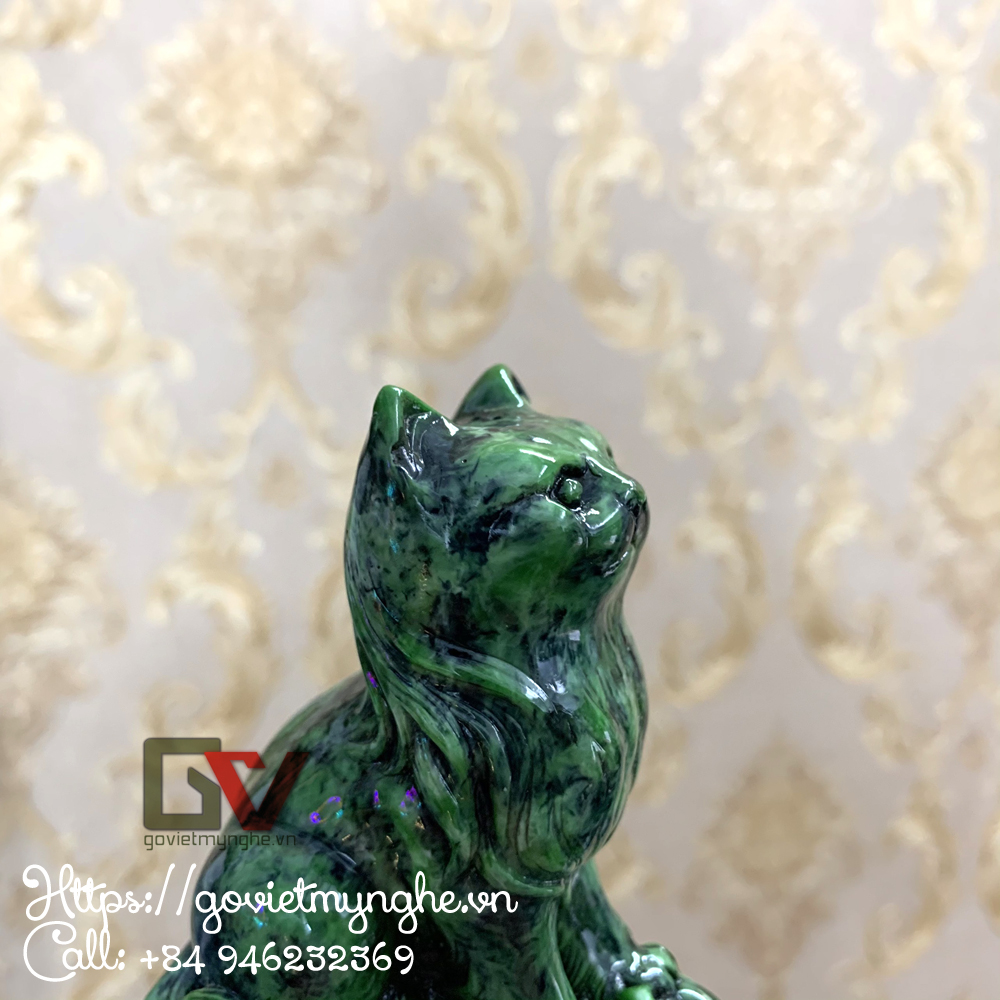 [Mèo phong thủy] Tượng đá con mèo trang trí phong thủy bàn làm việc mang may mắn - Màu Xanh Lục Bích - Cao 10cm