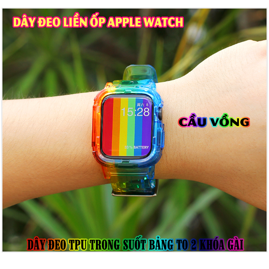 Dây đeo liền ốp dành cho Apple Watch 7/6/5/4/3/2/1 size 38/40/41/42/44/45mm TPU trong suốt bản to 2 khóa gài - nhiều màu (tặng cường lực dẻo theo size)