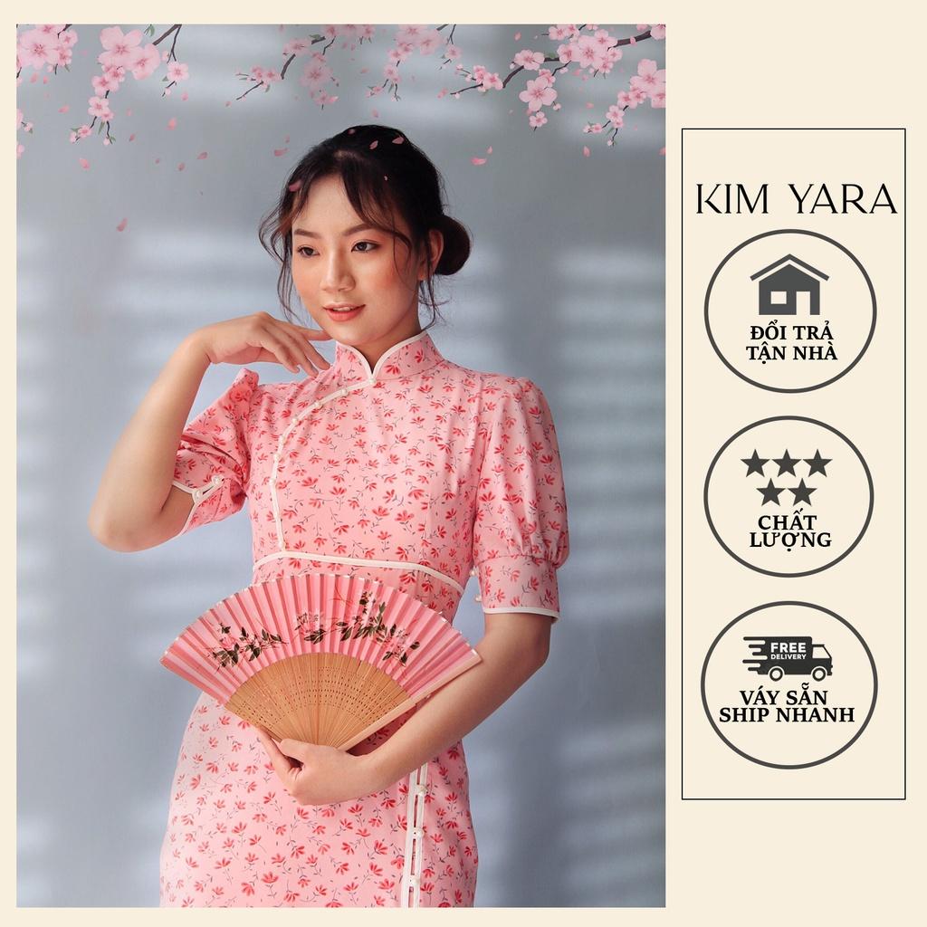 Sườn xám hoa nhí cách tân dáng dài tay phồng