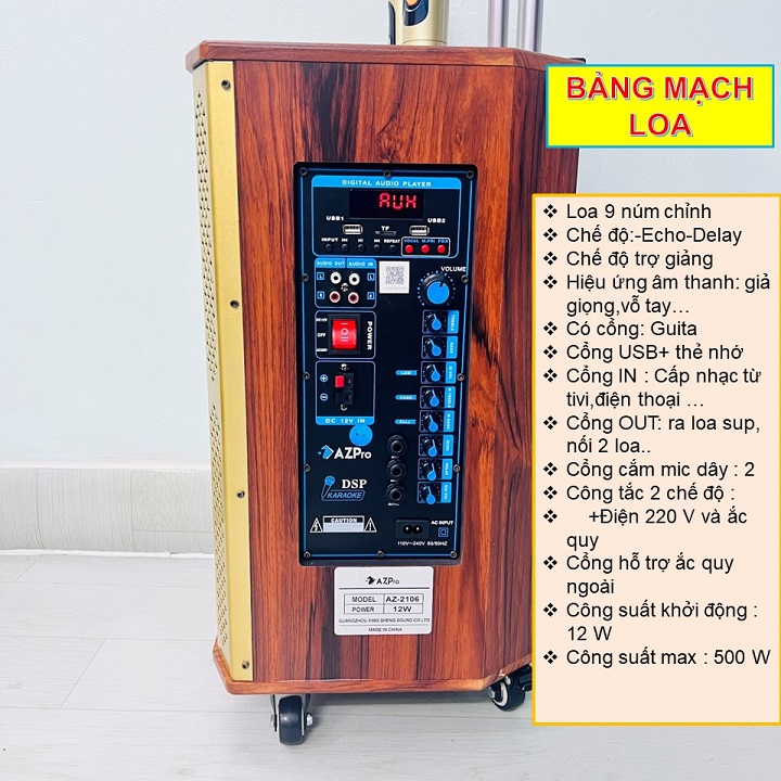 Loa kéo Bluetooth di động,AZ-2106-Bass 25-3 đường tiếng,Thùng gỗ cao cấp-4 bánh xe,Tay kéo sang trọng,Tặng 2 mic không dây vỏ kim loại,Hàng chính hãng AZPRO