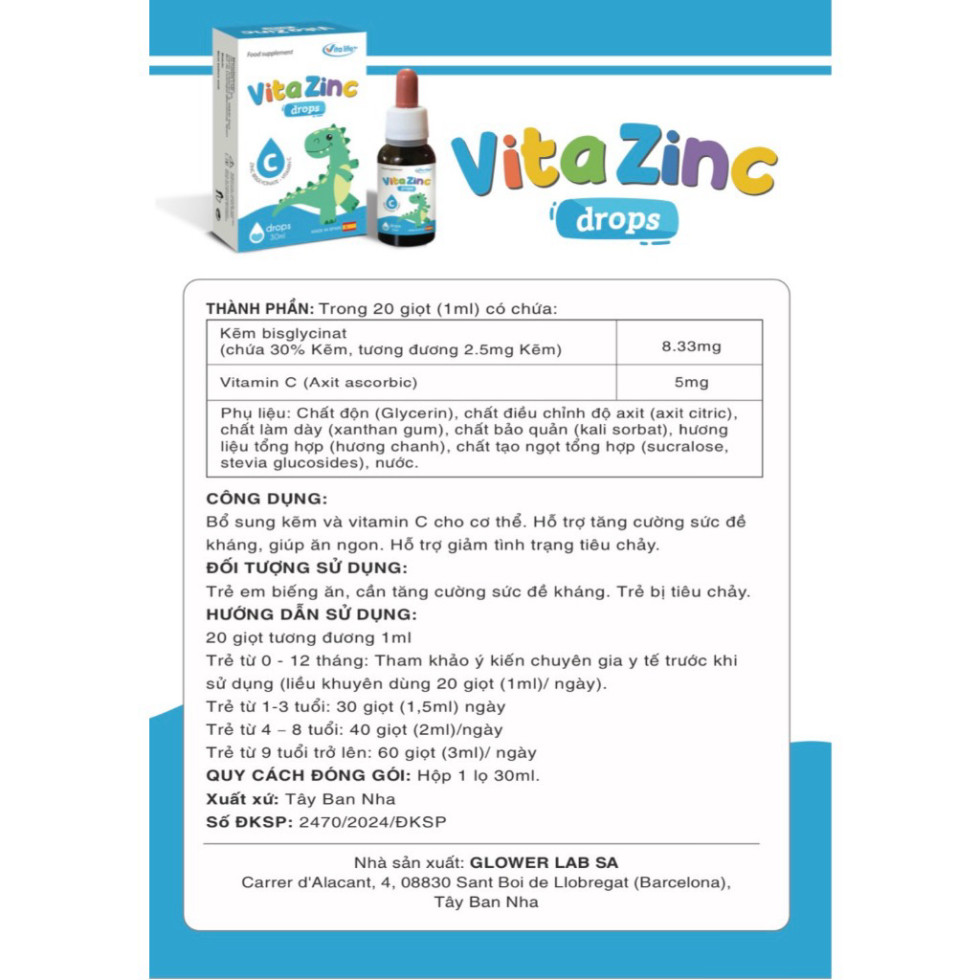 Kẽm hữu cơ nhỏ giọt Vita ZinC VITALIFE Chai 30ml Cho Bé Ăn Ngon Tăng Cân, Tăng Sức Đề Kháng
