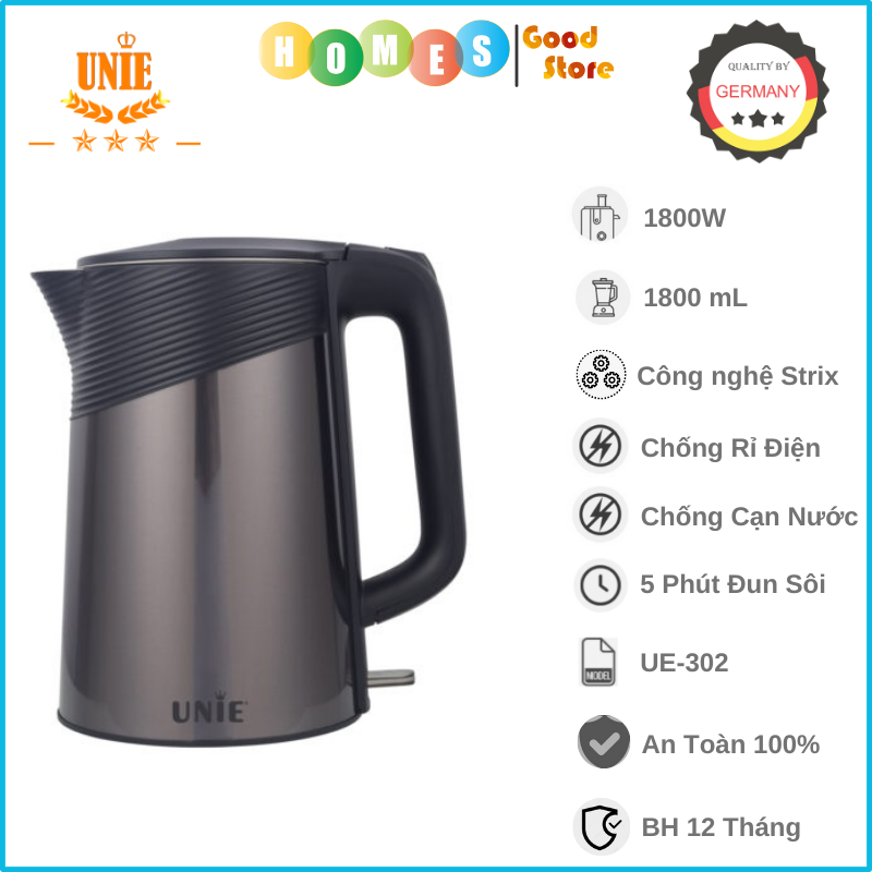 Ấm Siêu Tốc UNIE UE-302 Công Nghệ Đức Vỏ 5 Lớp Inox Sang Trọng Công Suất 1800W Dung Tích 1.8L - Hàng Chính Hãng