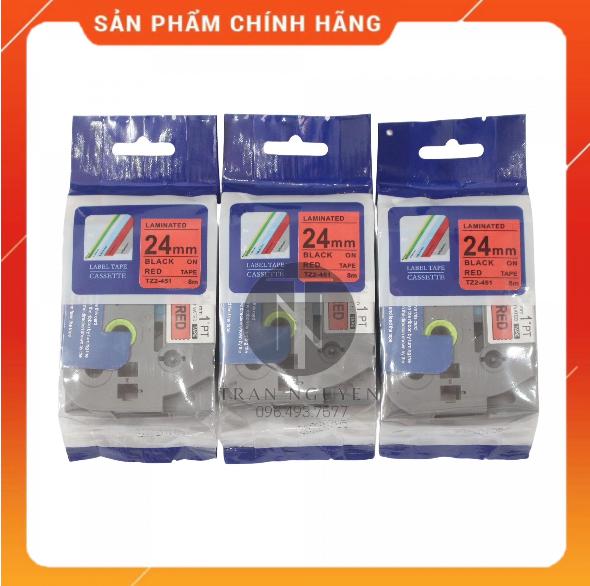 Nhãn In đa lớp Tz2-451 - Đen nền đỏ 24mm x 8m - Hàng nhập khẩu