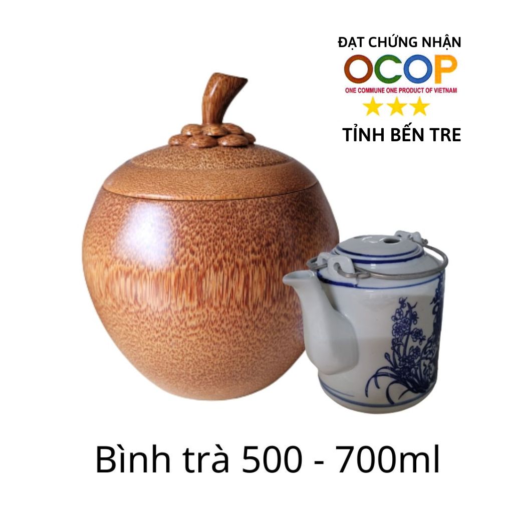 Bộ Bình Trà Gỗ Dừa Cao Cấp, Tặng Kèm Bình Trà - Sản Phẩm Đạt Chứng Nhận OCOP 3 Sao