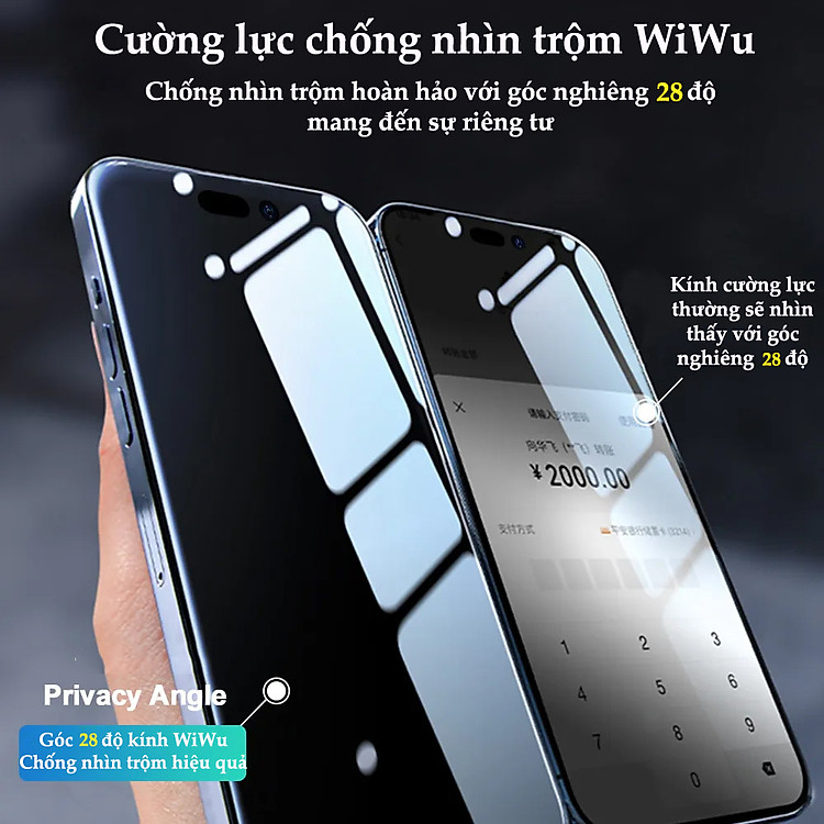 Kính cường lực chống nhìn trộm và Full trong HD cho iPhone 16 Promax / 15 Pro Max/ X/ 11/11 Pro Max/12/12 Pro Max/13/13 Pro Max/14/14 Pro Max/14 Plus hiệu WiWu iPrivacy với góc nhìn bảo mật 28độ, độ mỏng 0.3mm, vát cạnh 2.5D và độ cứng 9H - Hàng nhập khẩu