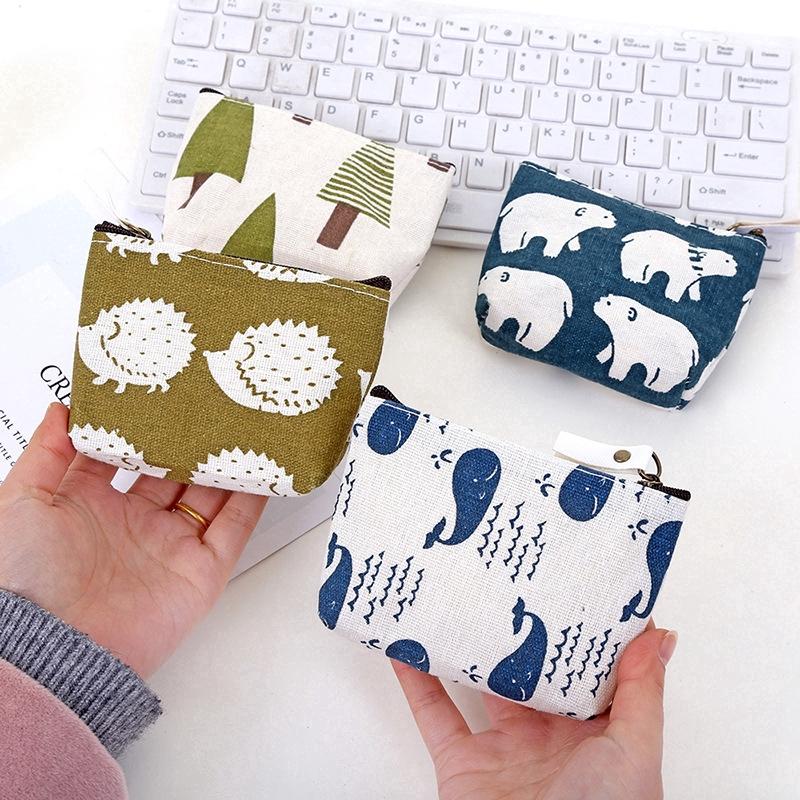 Ví tiền vải canvas nhỏ có khóa kéo in họa tiết đáng yêu xinh xắn