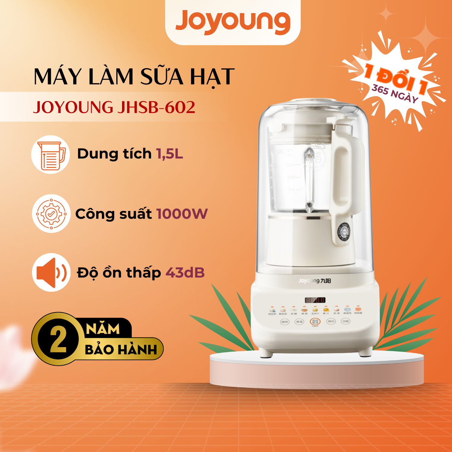 Máy làm sữa hạt đa năng Joyoung JHSB-602 - Dung tích 1.5L, Công suất 1000W, 12 chức năng - HÀNG CHÍNH HÃNG