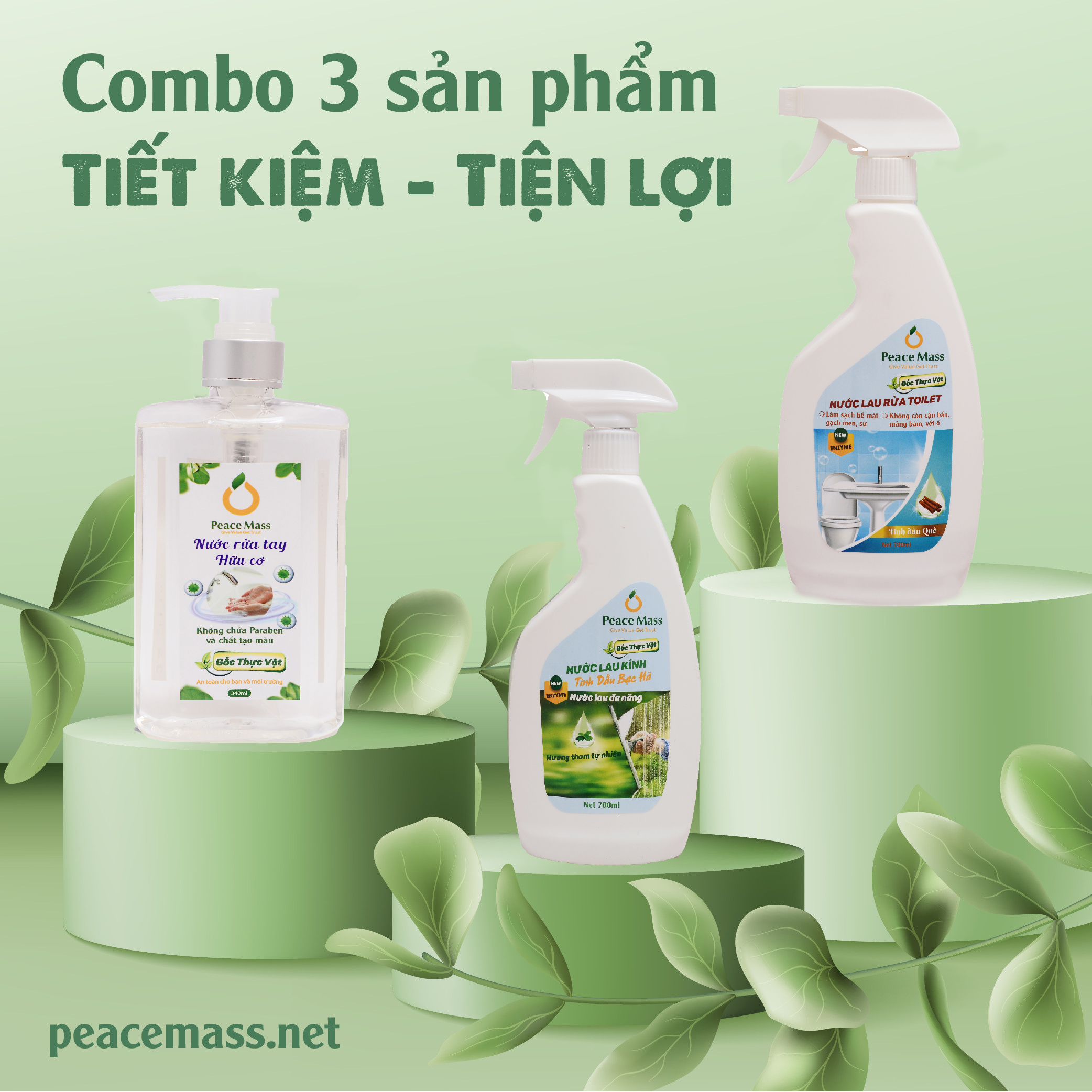 Combo Sản Phẩm Gốc Thực Vật TLC2 Peace Mass Nước Cọ Toilet + Nước Lau Kính 700ml + Nước Rửa Tay 340ml (Thuộc nhóm Sản phẩm Lành tính / Hữu cơ)