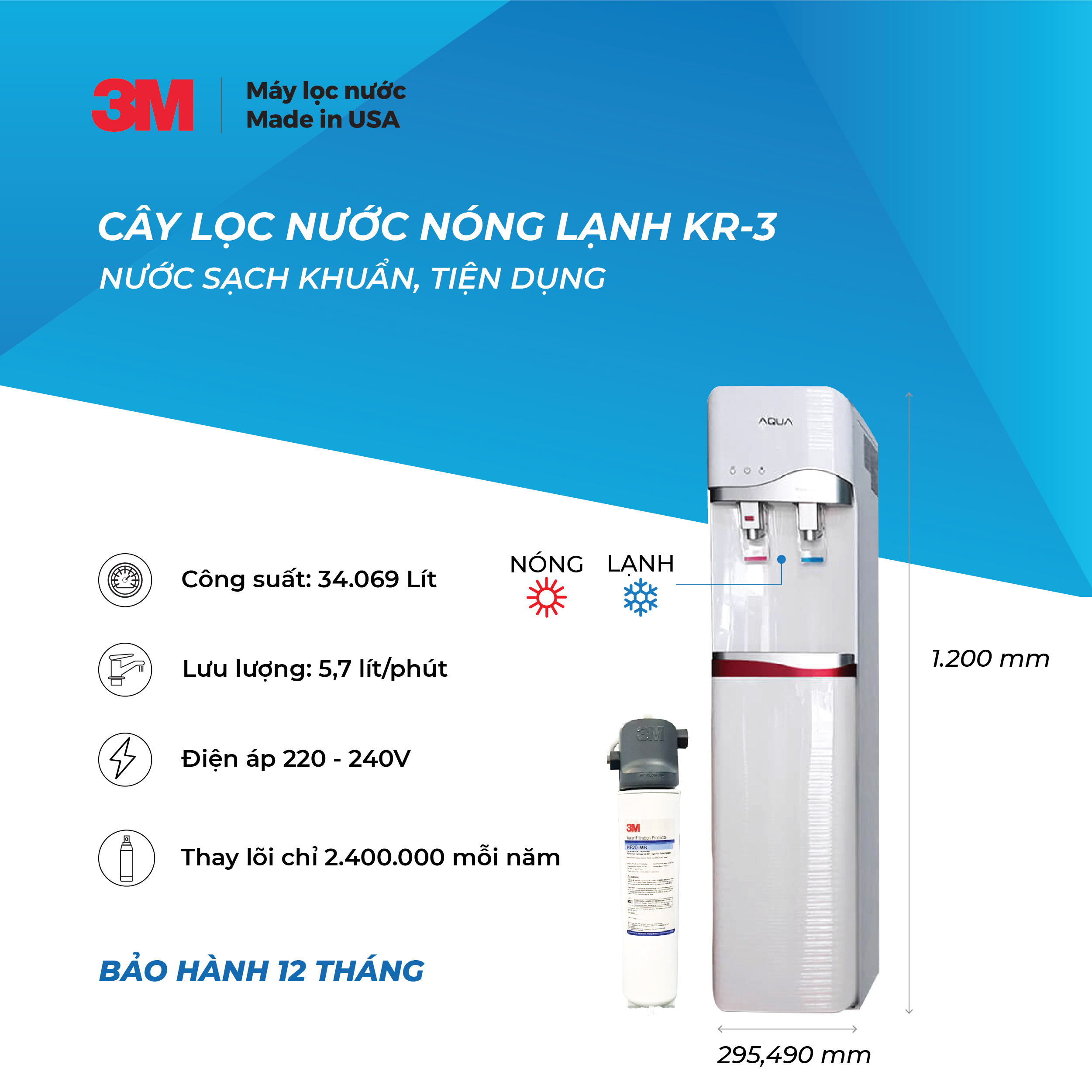 Cây Lọc Nước Nóng Lạnh 3M KR3-2V (Sử Dụng 3M BREW120-MS) - Hàng Chính Hãng