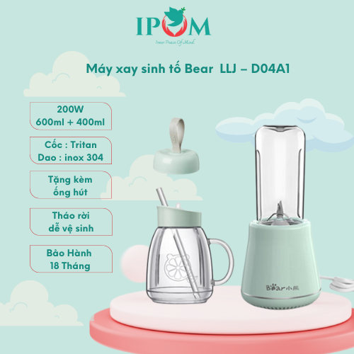 Máy Xay Sinh Tố Cầm Tay Bear, Xay Hoa Quả Công Suất Lớn, Chất Liệu An Toàn LLJ-D04A1 - Hàng Chính Hãng Bảo hành 18 Tháng