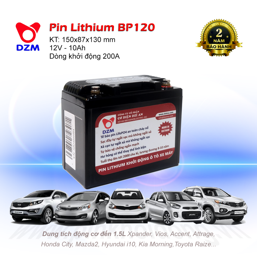 Pin khởi động Ô tô DZM BP120, Tuổi thọ 8-10năm | Thay bình Ắc quy | Pin Lithium LifePO4 | 12V - 10Ah - 200A