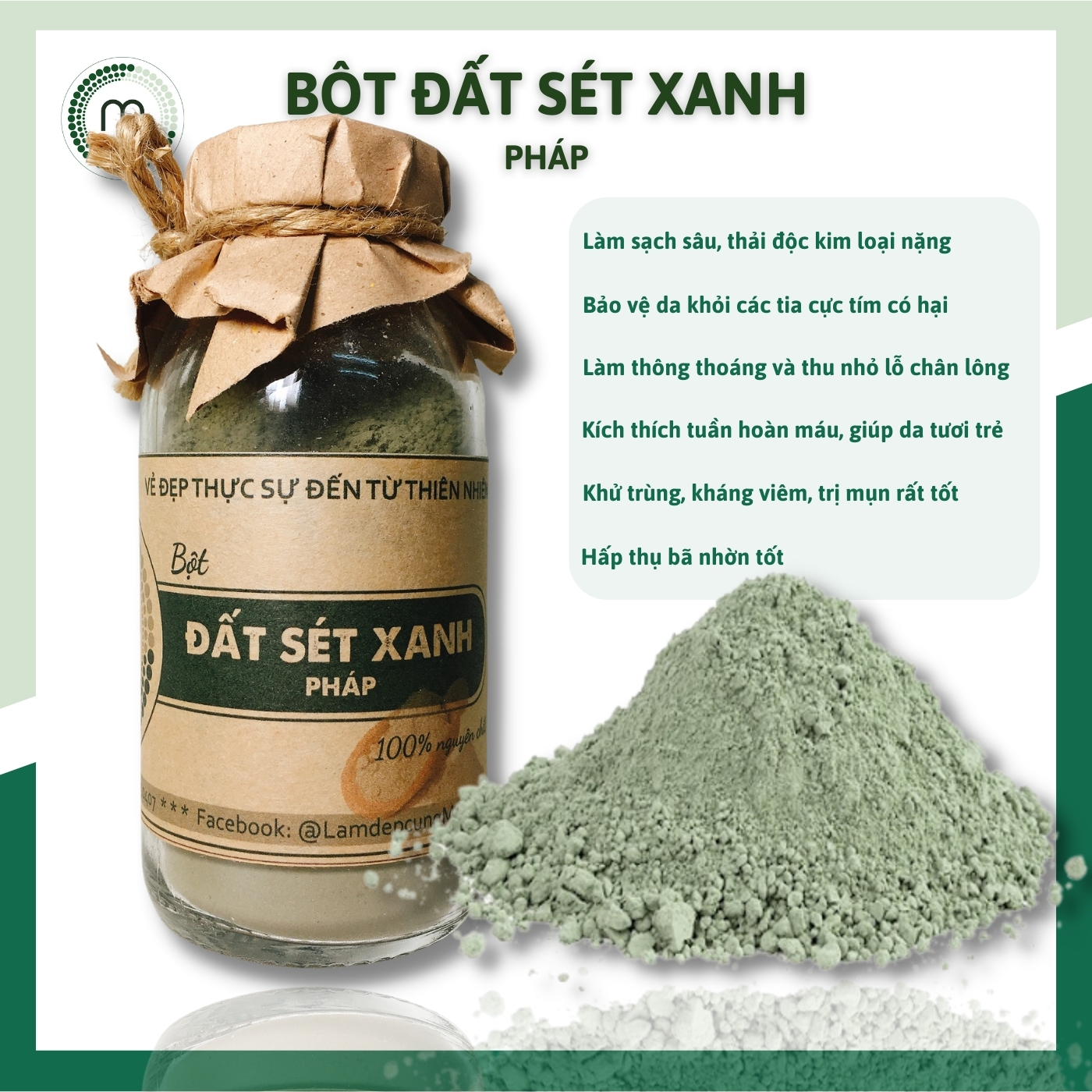 Bột Đất Sét Xanh đắp mặt nạ nguyên chất từ thiên nhiên 100ml handmade