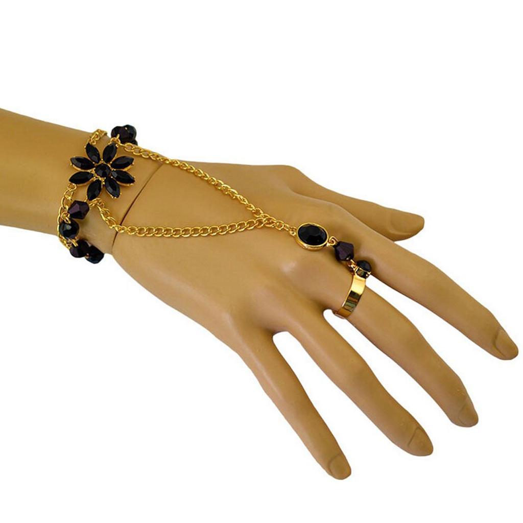 Black Rhinestone Hand Harness Bracelet Gold Slave Chain Link Finger