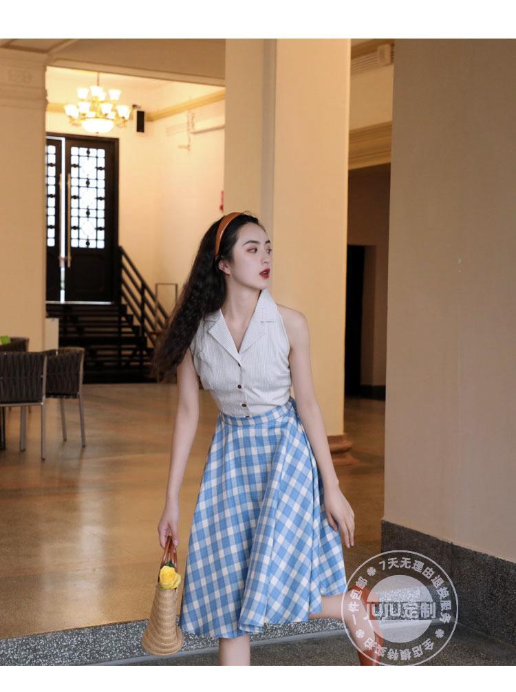 TOBE1SHOP Mùa hè năm 2025, váy kẻ caro màu xanh lá cây, váy chữ A, kiểu Pháp, thắt lưng, váy xòe, nữ tính.