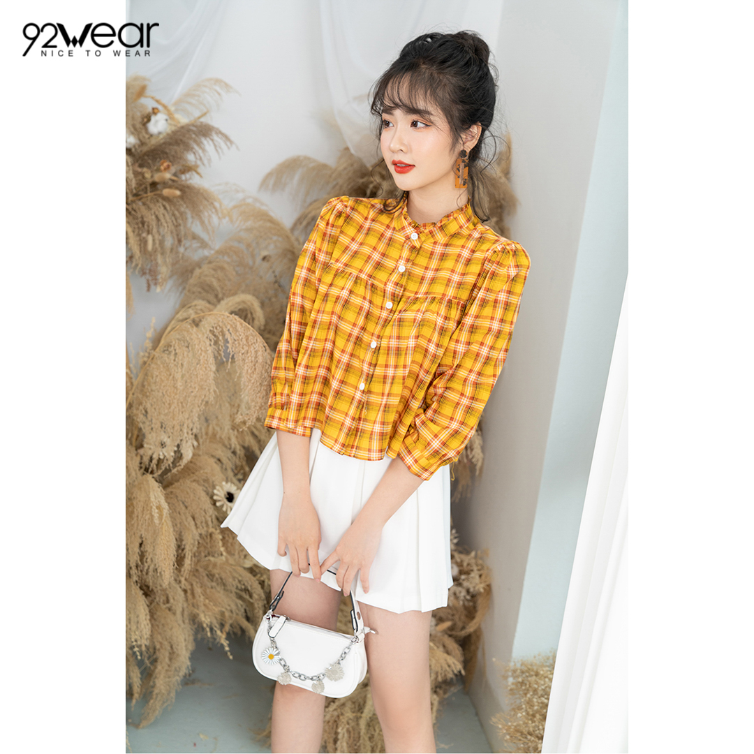 Áo Sơ Mi Nữ 92WEAR ASW0710 Thiết Kế Nhún Ngực Cổ Bèo