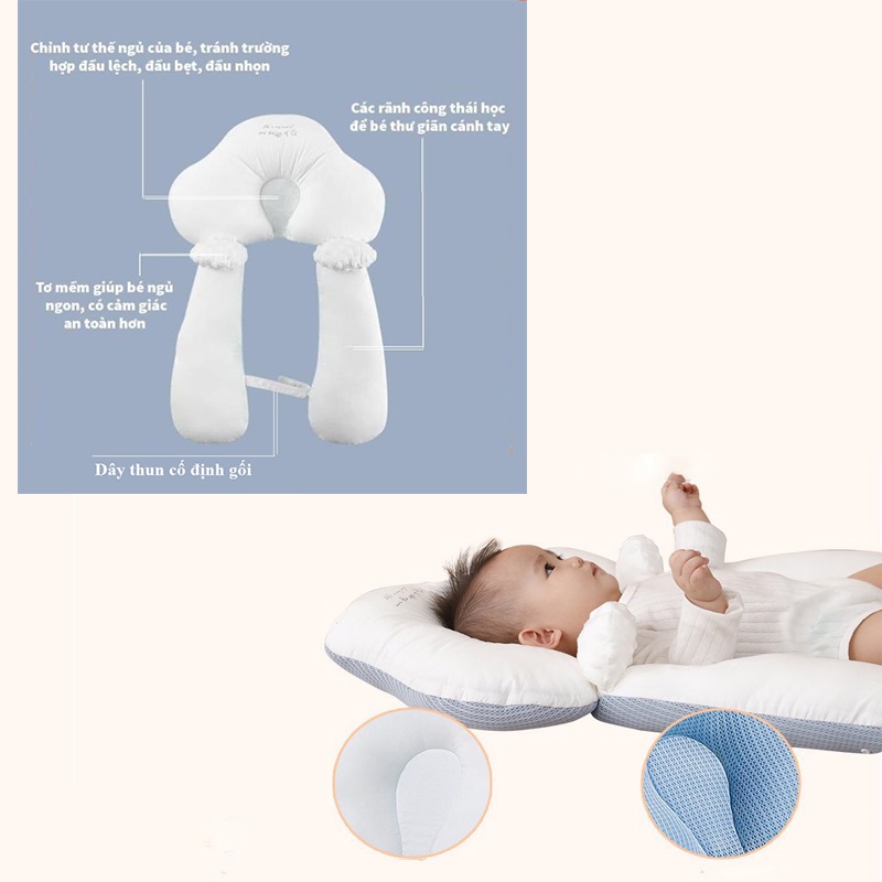 Gối chữ U định hình; Gối đa năng, hạn chế giật mình méo đầu, với dây rút 3 đầu tiện dụng, giúp bé sơ sinh ngủ ngon.