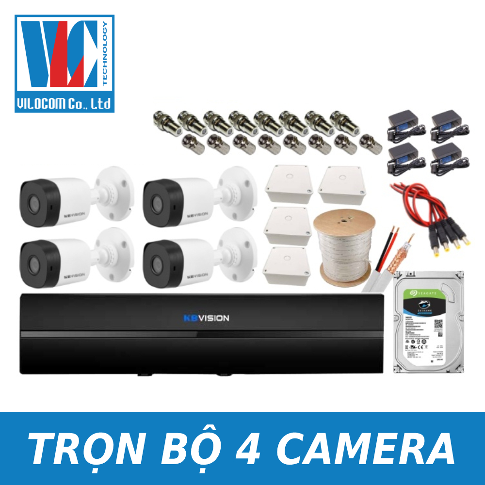Trọn bộ 4 camera Kbvision 2.0M thương hiệu mỹ, bao gồm ổ cứng, dây và nguồn - Hàng Chính Hãng