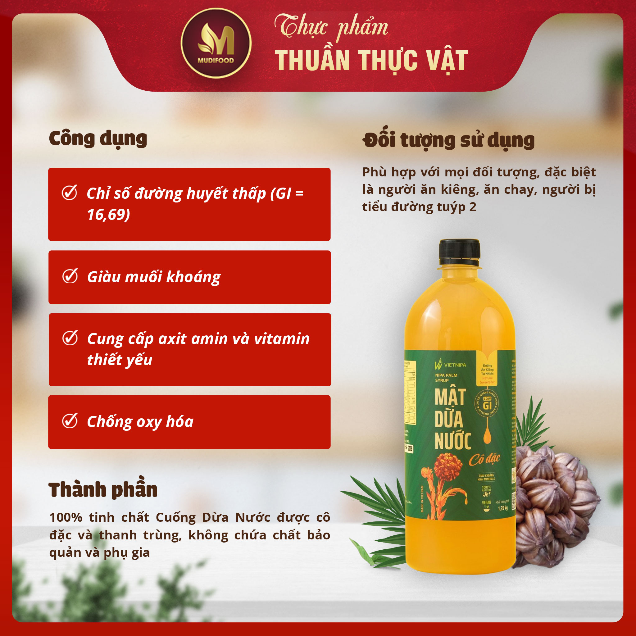 Mật Dừa Nước Vietnipa 1.35KG Tốt Cho Sức Khỏe, Chỉ Số Đường Huyết Thấp