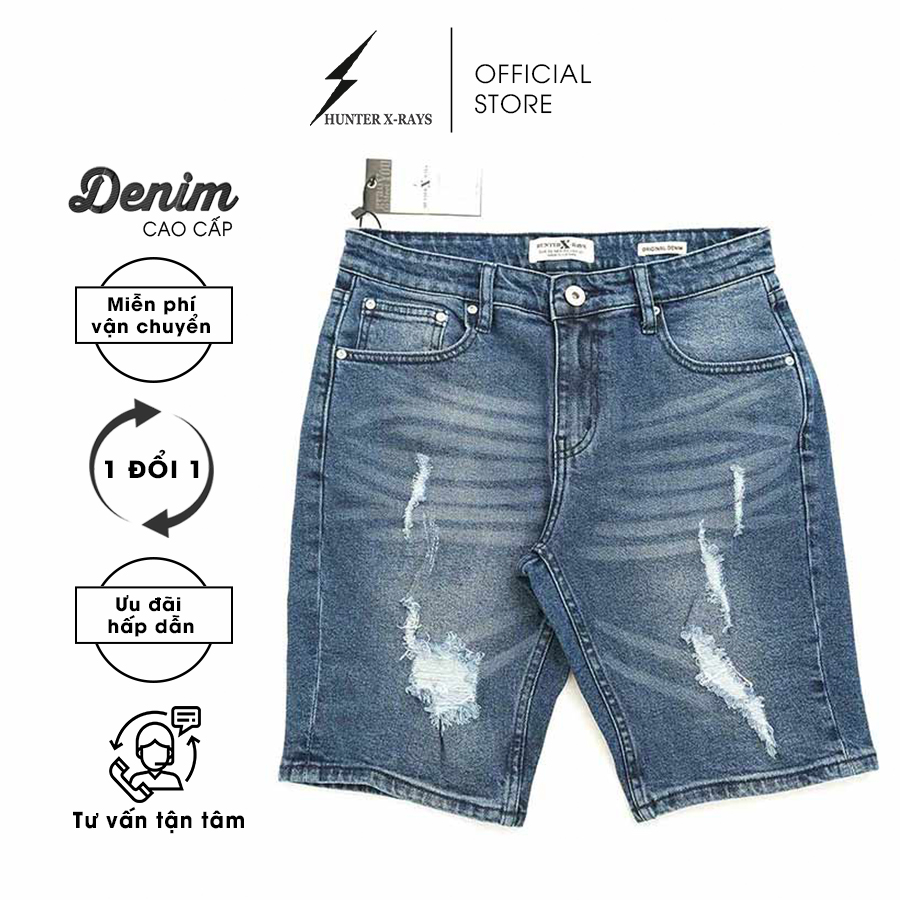 Quần Short Jeans Nam Rách Cao Cấp HUNTER XRAYS Form Slimfit Thun Màu Xanh  S69