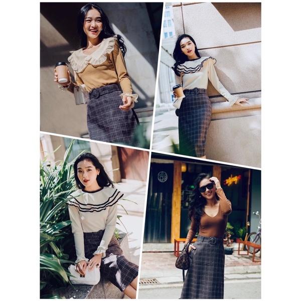 Chân váy kẻ công sở 2 túi thiết kế 2 lớp