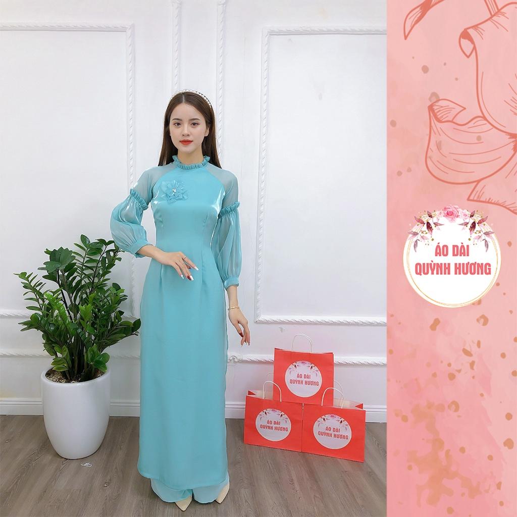 Áo dài xanh voan tơ Tay chun bồng cách điệu