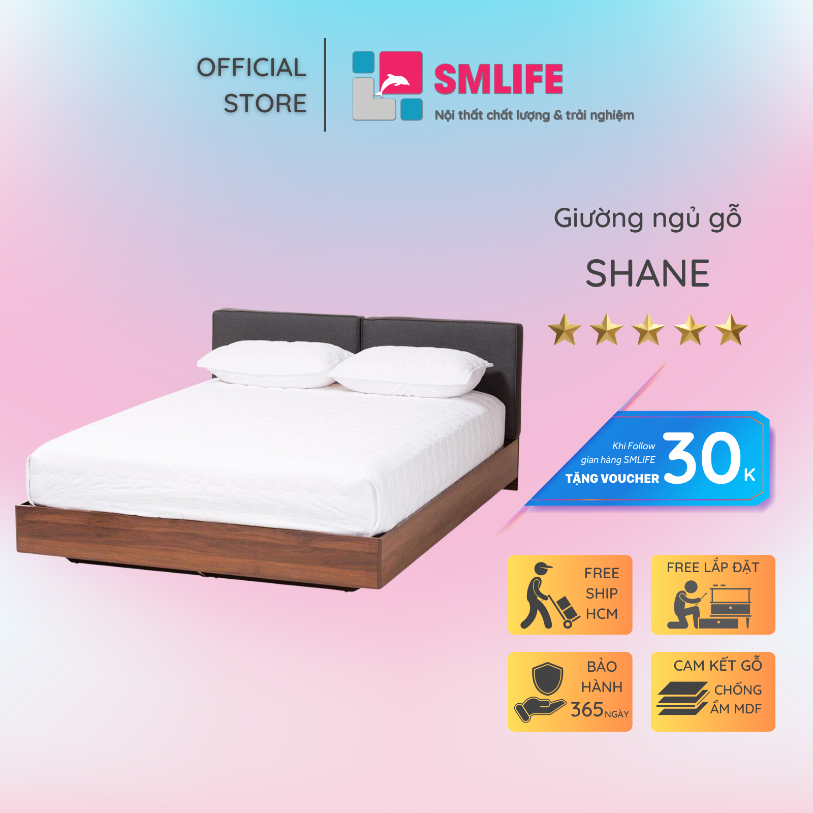 Giường ngủ gỗ hiện đại SMLIFE Shane | Gỗ MDF dày 17mm chống ẩm | D205xR165xC52cm