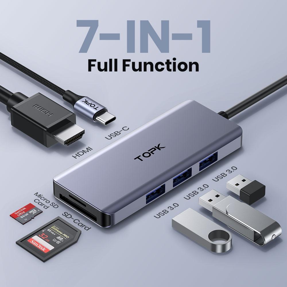 Hình ảnh TOPK LH-71 USB C Hub 7 trong 1 Dongle USB-C to HDMI 4K Multtáoort Adapter,Công suất 100W,3 cổng USB 3.0