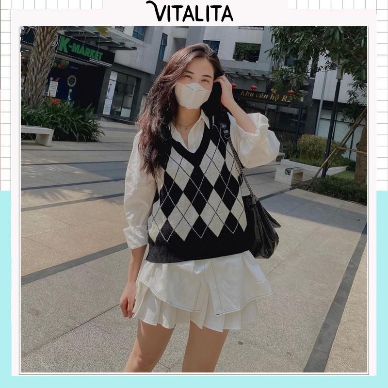 Áo Gile len nữ Form rộng Hàn Quốc - Chuẩn Style Ulzzang- Màu trám Đen/ Nâu/ Đỏ - Chuẩn hàng Quảng Châu - Vitalita